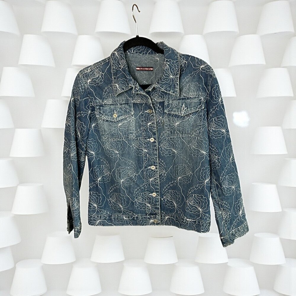Byblos Blu Embroidered Cropped Denim Jean Jacket Size 8